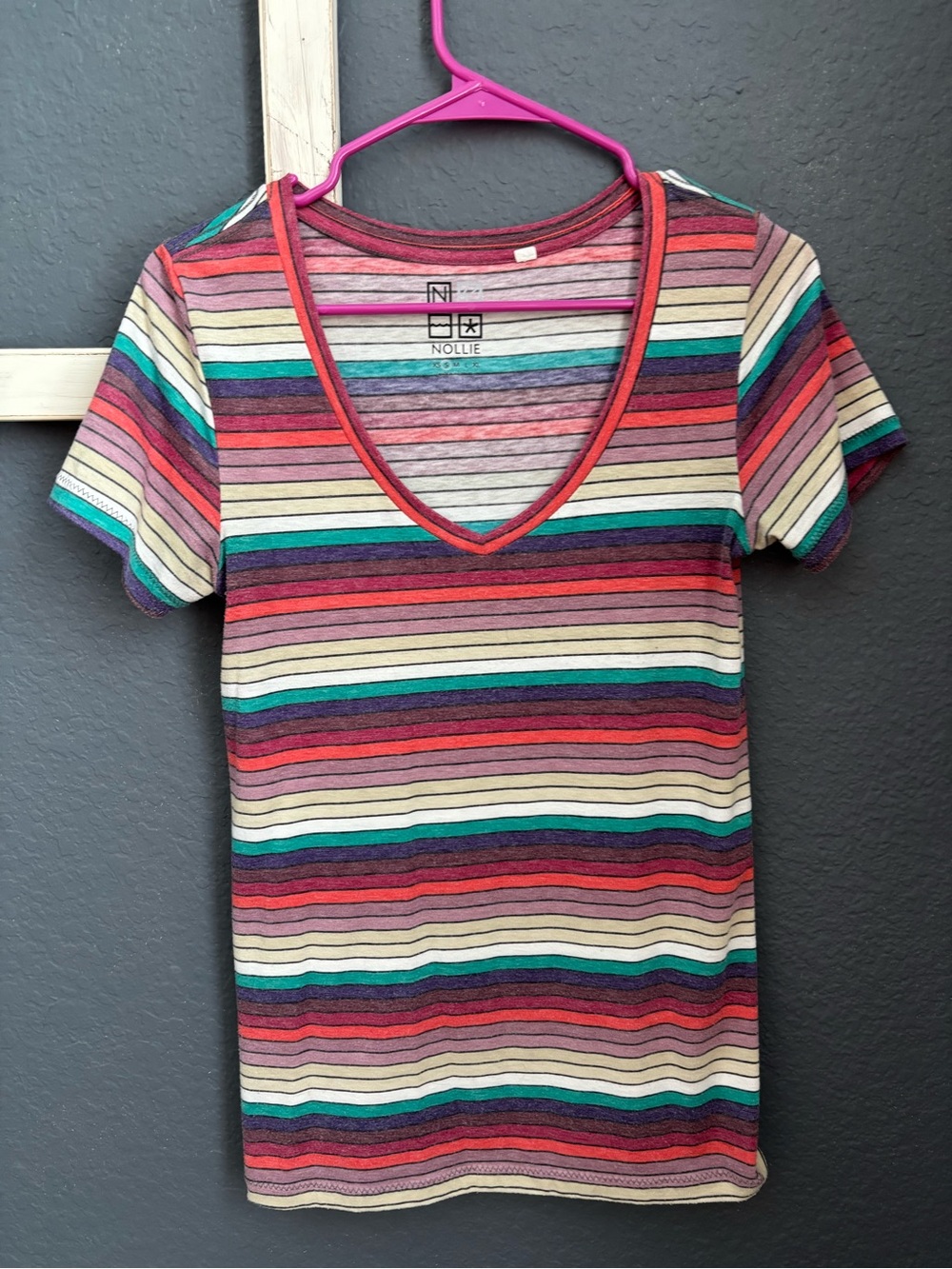 Nollie Short-Sleeve V-Neck Tee in Red, Teal, Cream & Purple Stripes
